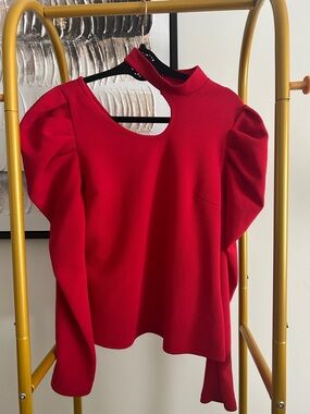 Amazon Red Puff-Sleeve Top with Cutout Neckline
